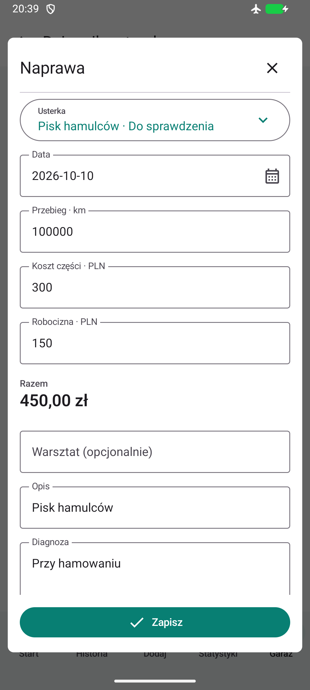 Garage Tracker: zapis naprawy powiązanej z usterką, koszt części 300 zł i robocizny 150 zł, razem 450 zł.
