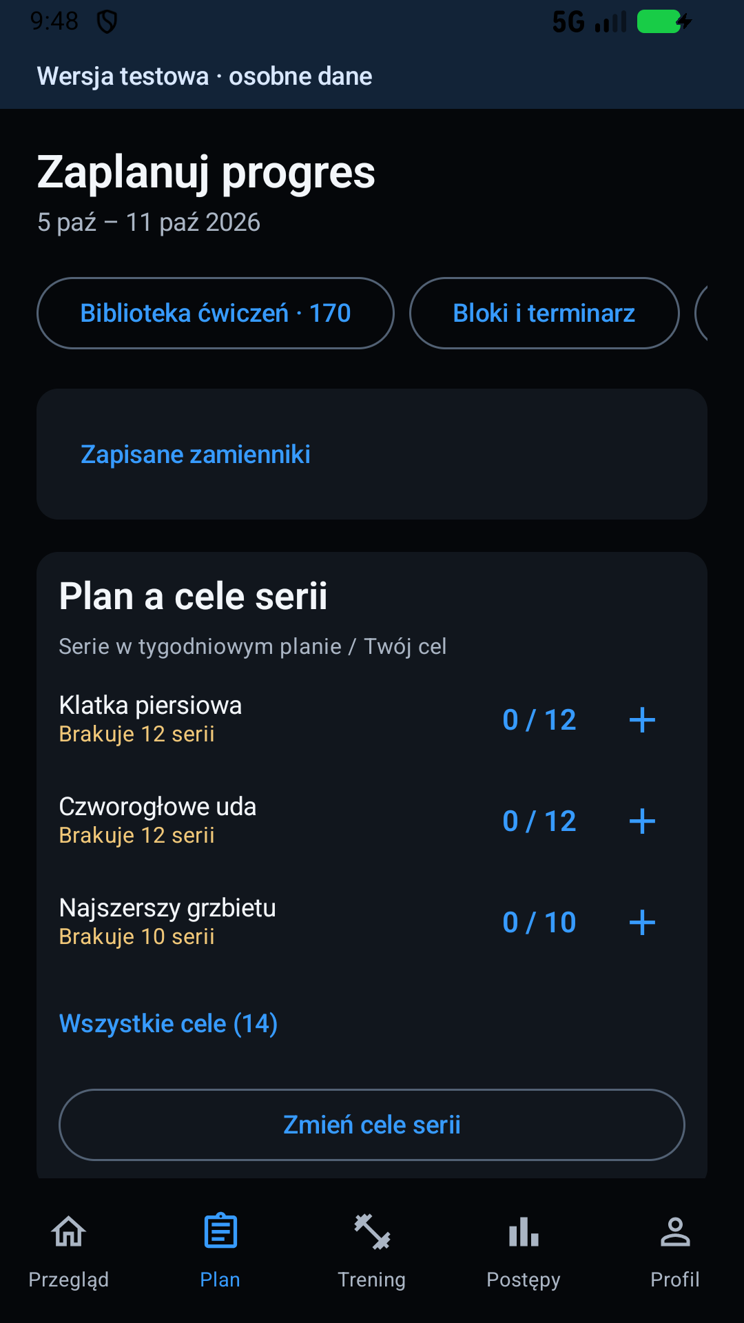 WooLift: tygodniowy plan porównany z celami serii dla poszczególnych partii i biblioteka 170 ćwiczeń.